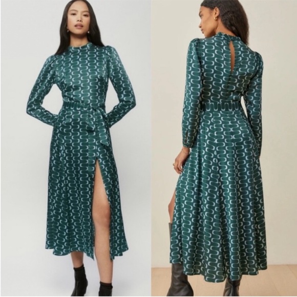 Reformation Dresses & Skirts - NEW REFORMATION Julius Silk Dress Long Sleeve Midi in Venture Green Slit Size 6